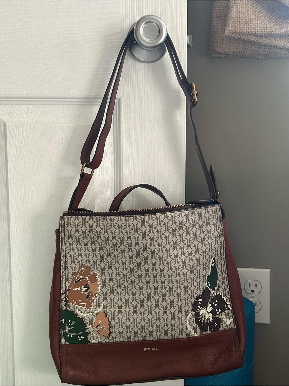 Fossil Brown and Beige Floral Canvas Shoulder Bag